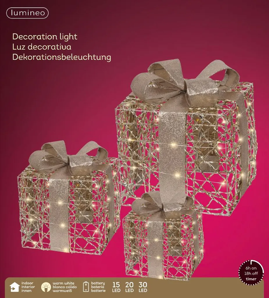 Boîte cadeau Micro LED scintillante 25cm avec nœud décoratif argenté - 3