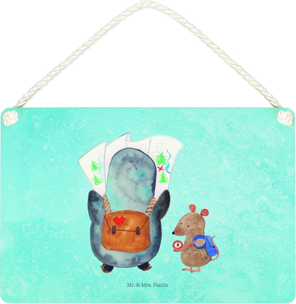 Mr. & Mrs. Panda Schild Pinguin & Maus Wanderer DIN A4 - Eisblau - Geschenk, Abenteuer, Türschild, wandhänger, Holzschild, Wandern, holzbild, Aus...