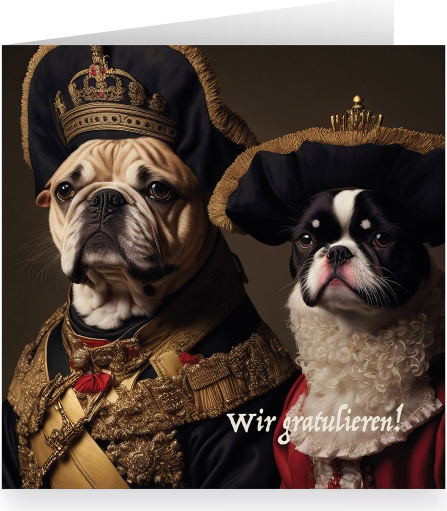 Lustige Hunde Grusskarte in XL mit royalen Hunden: Wir gratulieren