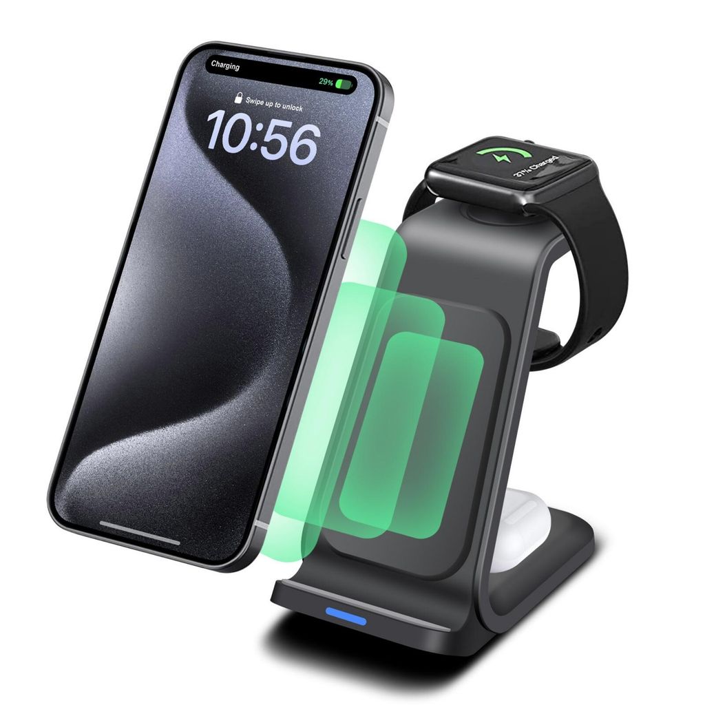 3-in-eins-Halterung für kabelloses Ladegerät Ladestation für iPhone 8/9/10/11/12/13/14/15/16, iWatch 1–10/SE/Ultra, AirPods & Samsung Galaxy