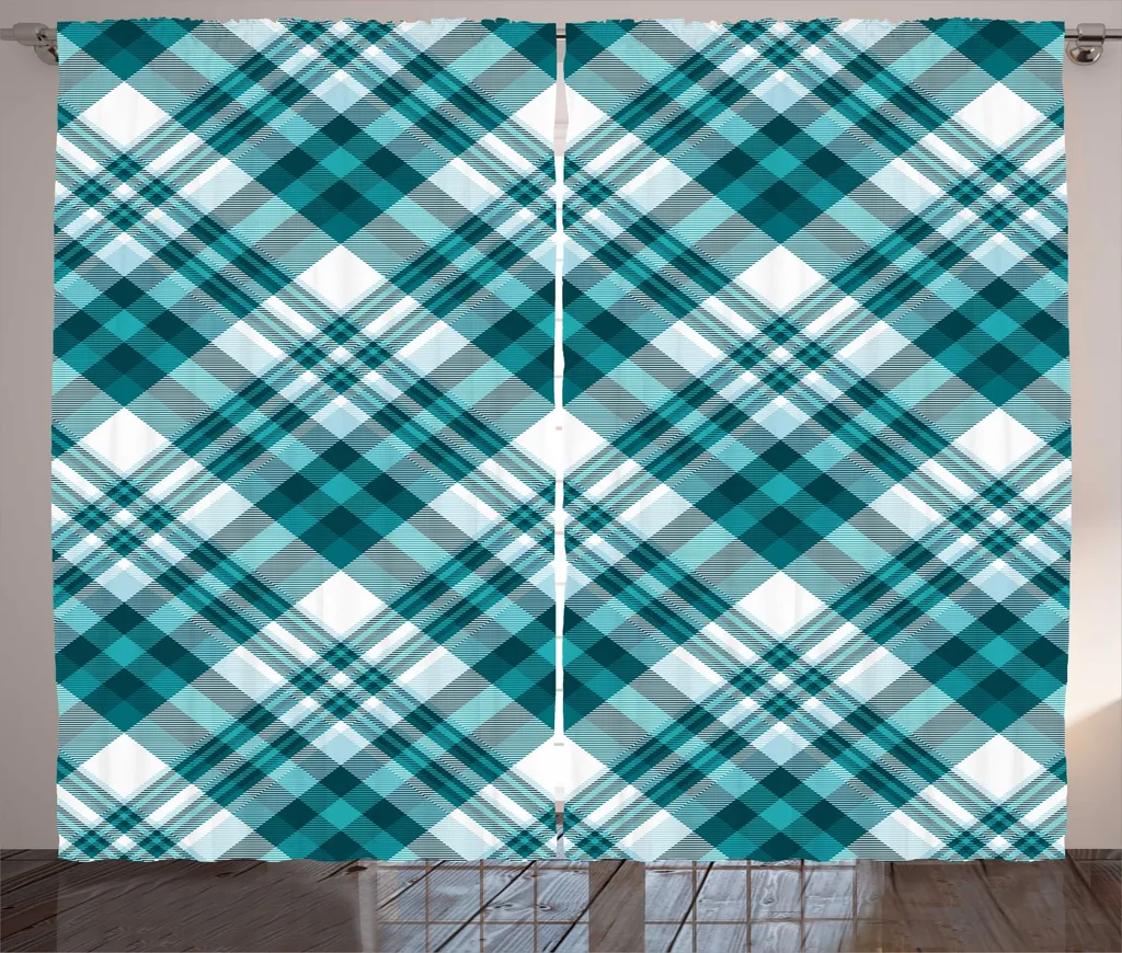 Rideau Anti-Regard Large Format 280x225 cm Motif Tartan Rustique Bleu