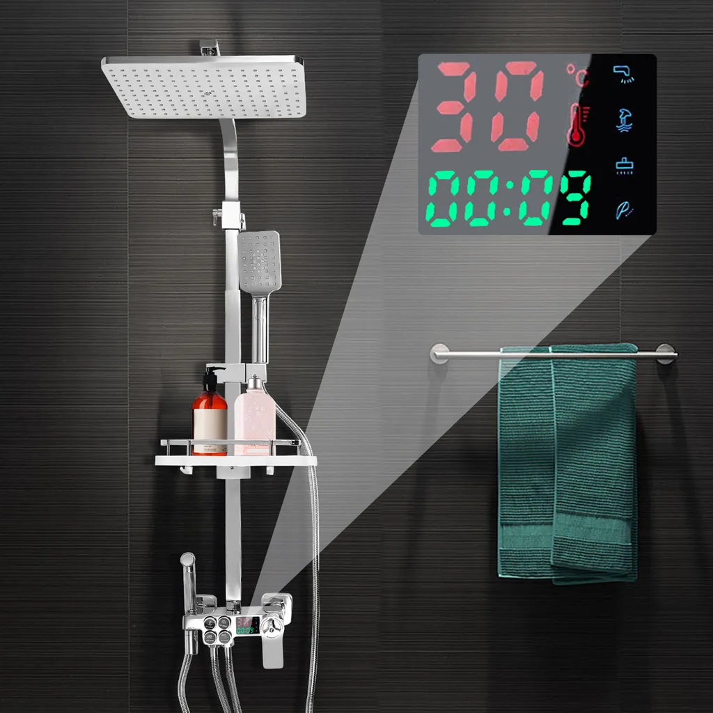 Douche à effet pluie thermostatique avec écran LCD et douchette Inox
