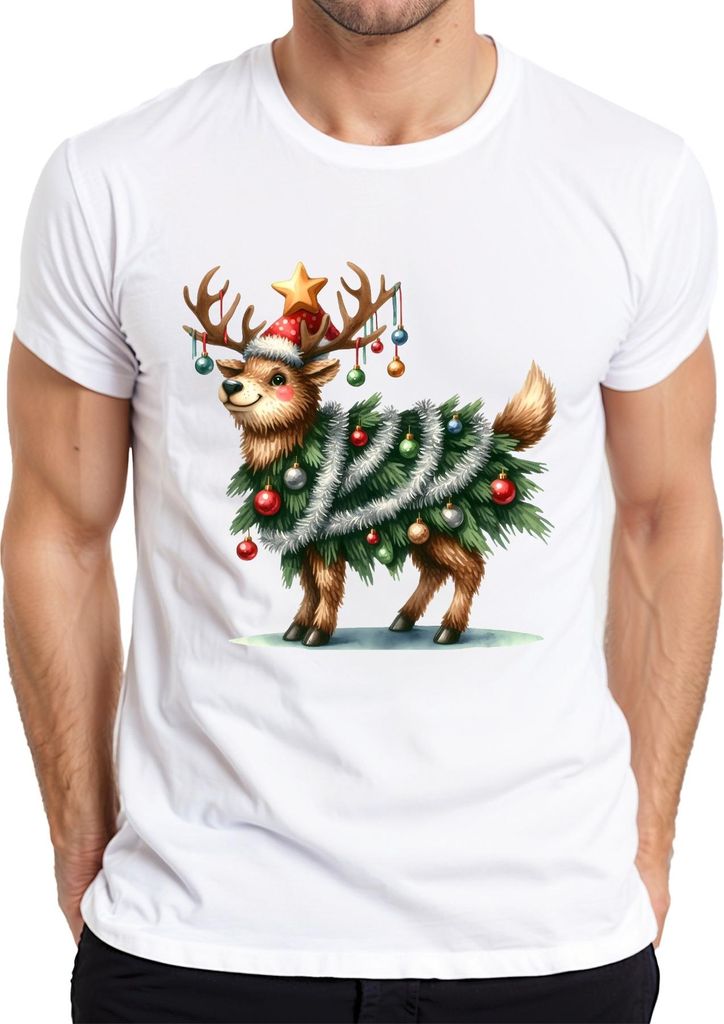 Rentier Weihnachtsbaum Lametta Kugeln Stern lustig Weihnachten Herren T-Shirt, Weiß, L