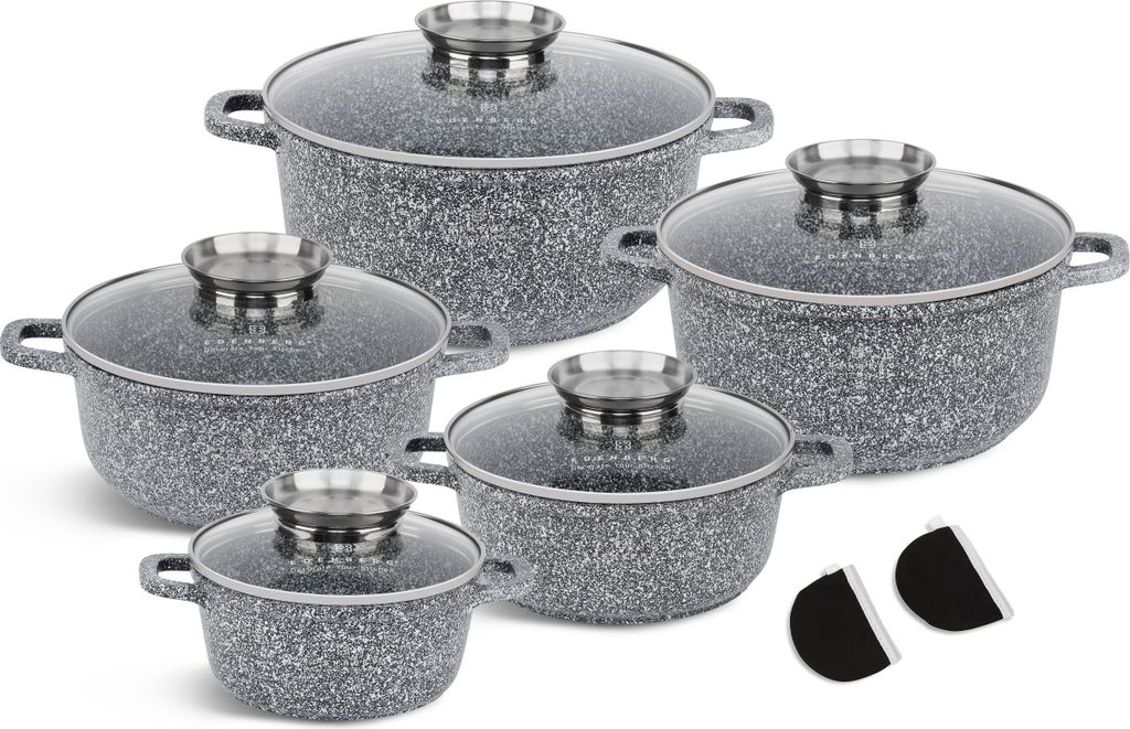 Graues Topfset 10tlg Topf Kompotttopf Suppentopf Kochtopf Keramik Marmor Induktionstöpfe GLASDECKEL (1.3L / 2.3L / 3.5L / 4.5L / 5.6L)
