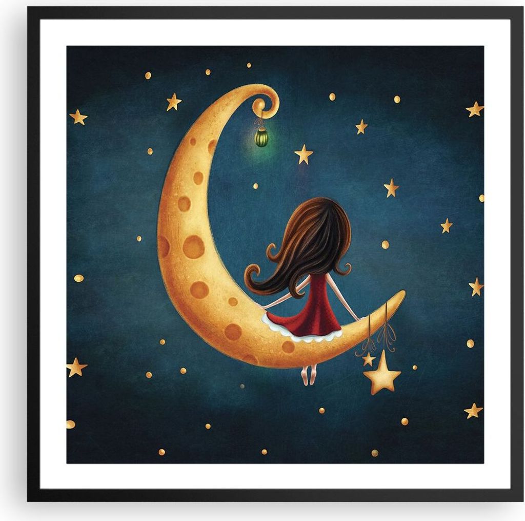 Gerahmtes Poster - Schwarzer Rahmen - Kinder Mädchen Mond - Produktbild 