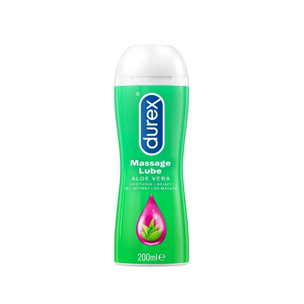 A bottle of Durex massage lube with aloe vera.
