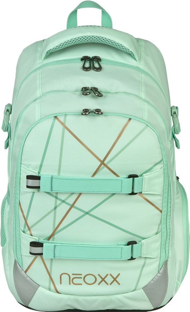 A mint green backpack with geometric patterns.