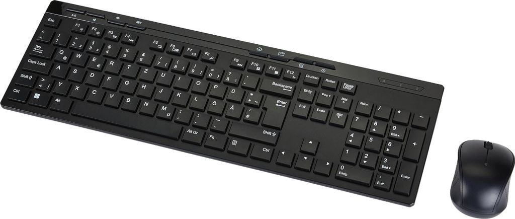 Amazon Basics – Tastatur-Maus-Set, volle Größe, kabellos, USB-Empfänger mit 2,4 GHz, DE-Layout, schwarz