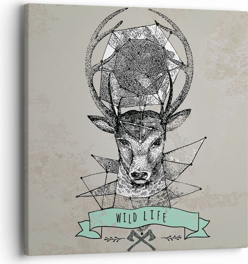 Bild auf Leinwand - Leinwandbild - Hirsch Geweih Wald - 40x40cm - Wand Bild - Wanddeko - Wandbilder - Leinwanddruck - Bilder - Kunstdruck - Wanddek...