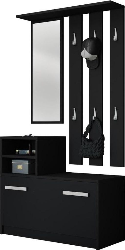 MIRJAN24 Garderobe-Set Kolom, Wandgarderobe mit 6 Kleiderhaken, Flurgarderobe mit Spiegel, Schuhschrank (Farbe: Schwarz)