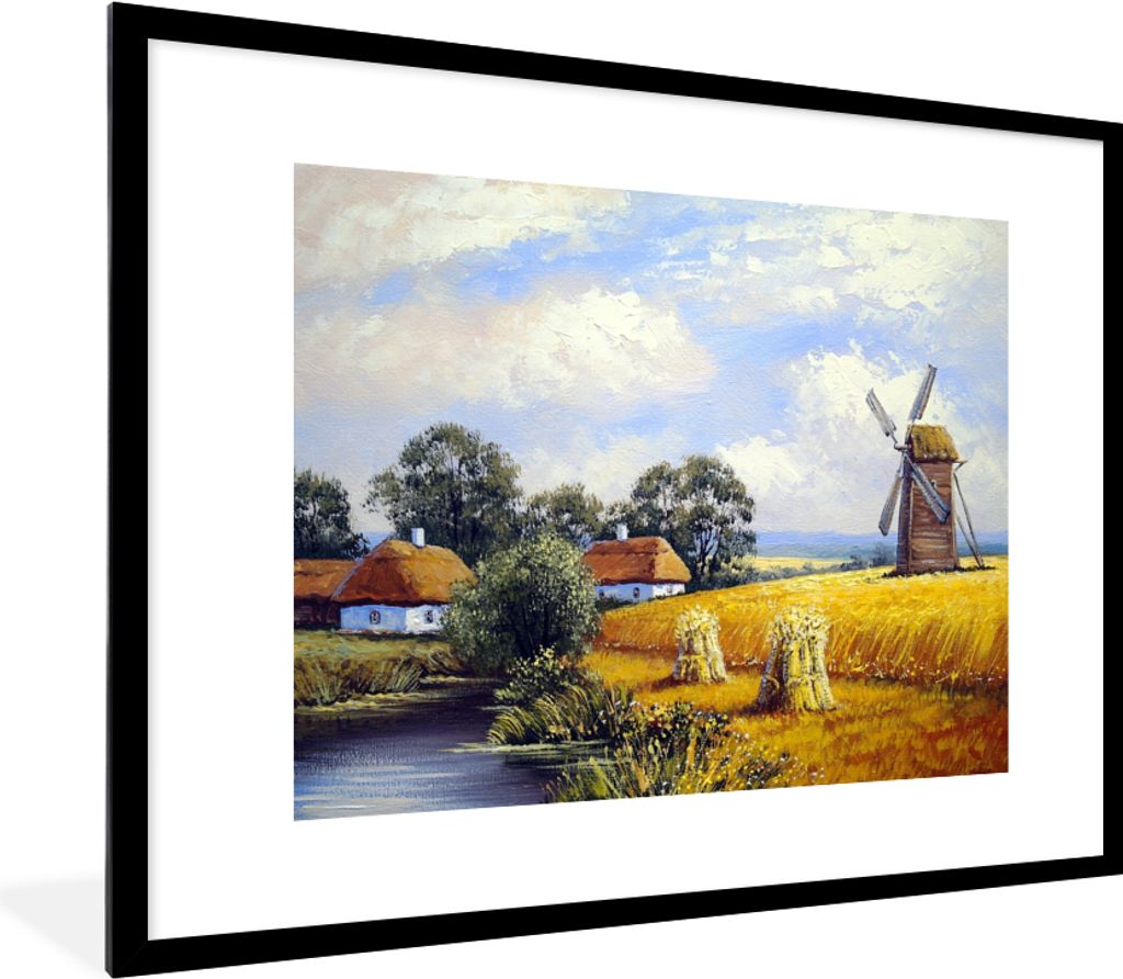 MuchoWow Gerahmtes Poster Gemälde - Bauernhof - Mühle - Ölfarbe 80x60 cm - Poster mit Schwarzem Bilderrahmen Wandposter Rahmen Foto Bilder - S...