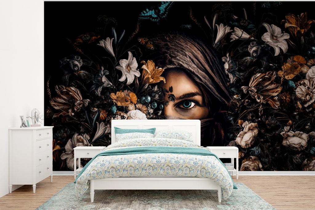 MuchoWow Fototapete für Wohnzimmer oder Schlafzimmer Wandtapete Vinyl Motivtapete Frau - Luxus - Blumen - Schmetterling - Porträt - 295x220 cm ...