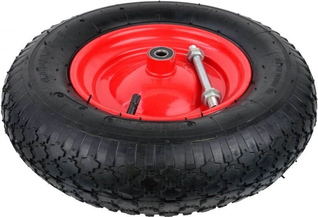A close-up view of a wheel with a red rim and a black tire, lying on a white background. A silver bolt is visible in the center of the wheel.