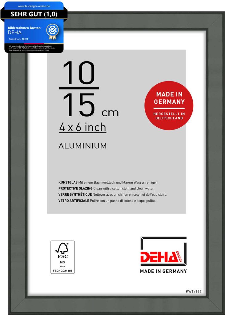 DEHA Design Aluminium Portraitrahmen, Bilderrahmen Boston, 10x15 cm, Contrastgrau