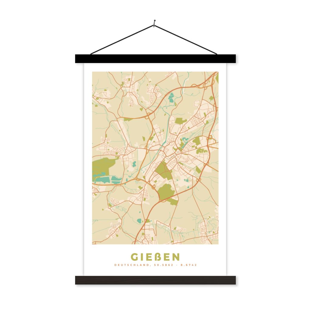 MuchoWow Textilposter Gießen - Karte - Vintage - Stadtplan 40x60 cm mit schwarzem Rahmen - Wanddekorationen