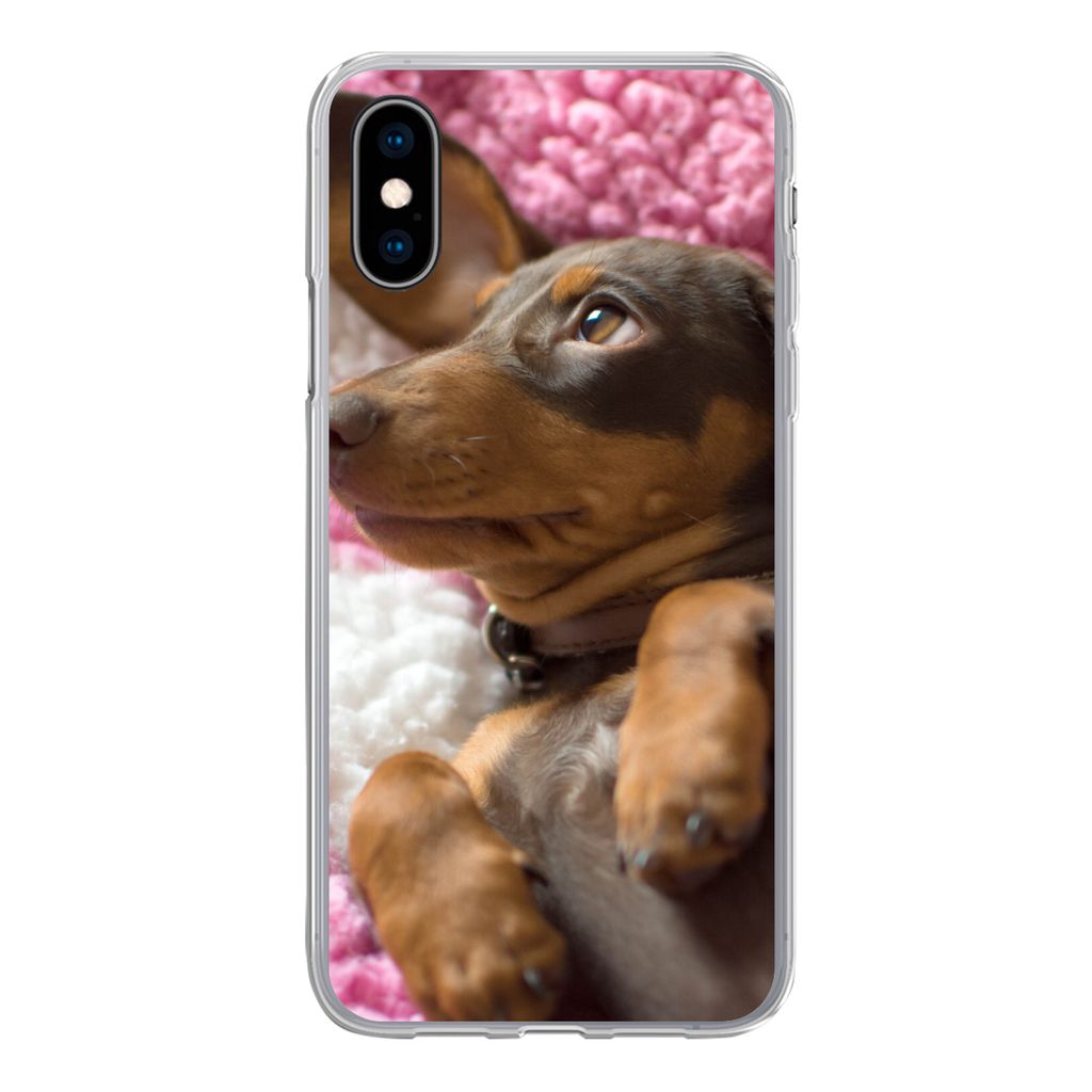 MuchoWow Handyhülle Schutzhülle Hülle für iPhone X Ein Dackelwelpe auf einer rosa Decke Silikon Softcase Handy Hülle - Handyhülle