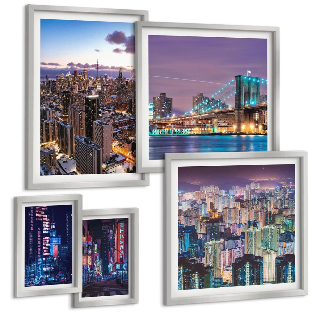 Bilder Set 5-teilig im silbergerahmten Rahmen – Wandbilder 5 Stück – gerahmte Poster für Wohnzimmer, Schlafzimmer und Flur – 50x50 cm - 40x...