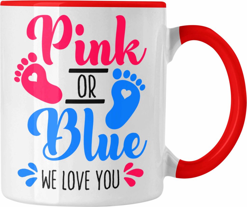 Trendation - Tasse Gender Reveal Geschenk Pink Or Blue We Love You Baby Überraschung (Rot)