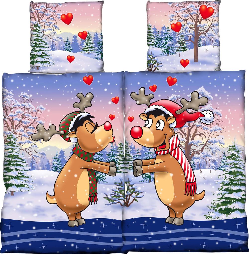 4 teilig Flausch Partner Bettwäsche 135x200 cm Elche Paar Winter Thermofleece