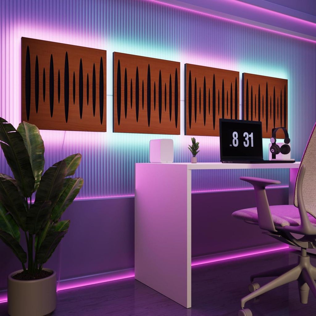 4er-Pack-LED Akustikwandpaneele mit RGB Glow für Echo Control | Schallabsorbierende Paneele mit Backlight |4x PULSAR - Separately-LINE|Kirschbaum