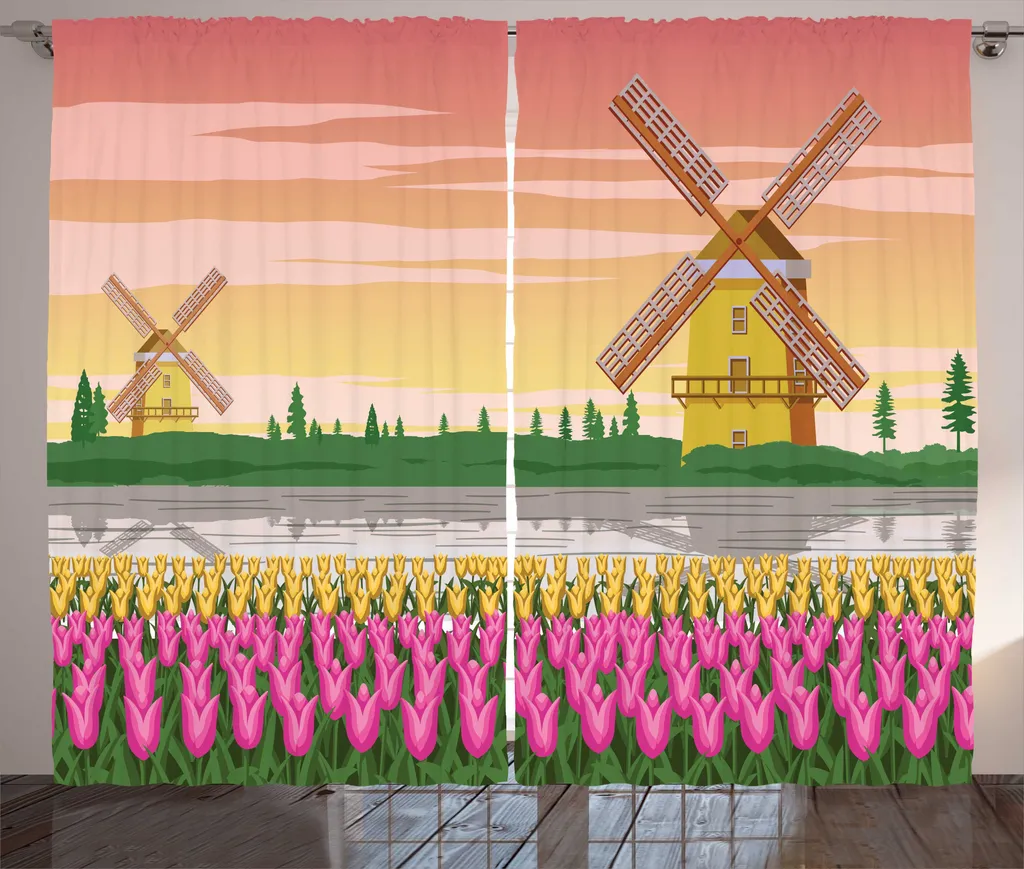 Rideau Tulipes Bicolores avec Boucles et Crochets 280 x 225 cm Deco