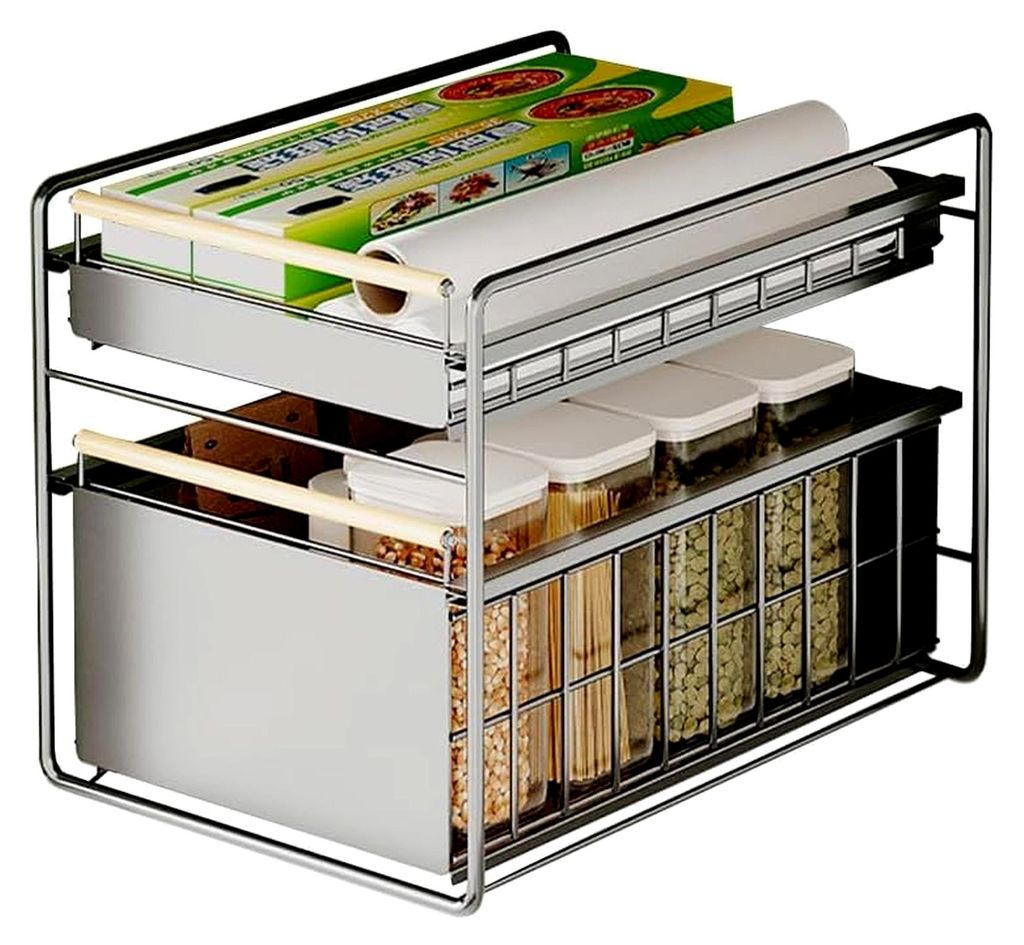 2-stöckiger Ausziehkorb für Küchenschränke, fester Organizer unter der Spüle - Stauraumlösung für Spülenschränke, schwarz, 40*28*39cm