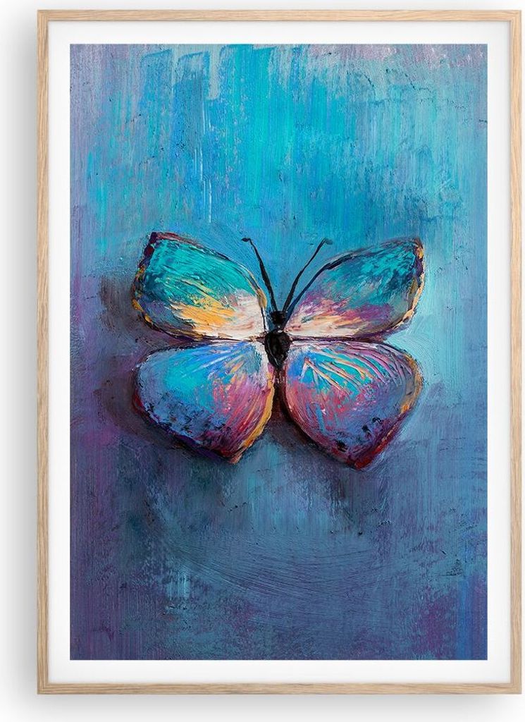 Gerahmtes Poster - Rahmen in heller Eiche - Handschriftlich Schmetterling Blau - 70x100 cm - Wand Bild - Wanddeko - Wandbilder - Kunstposter - Wand...