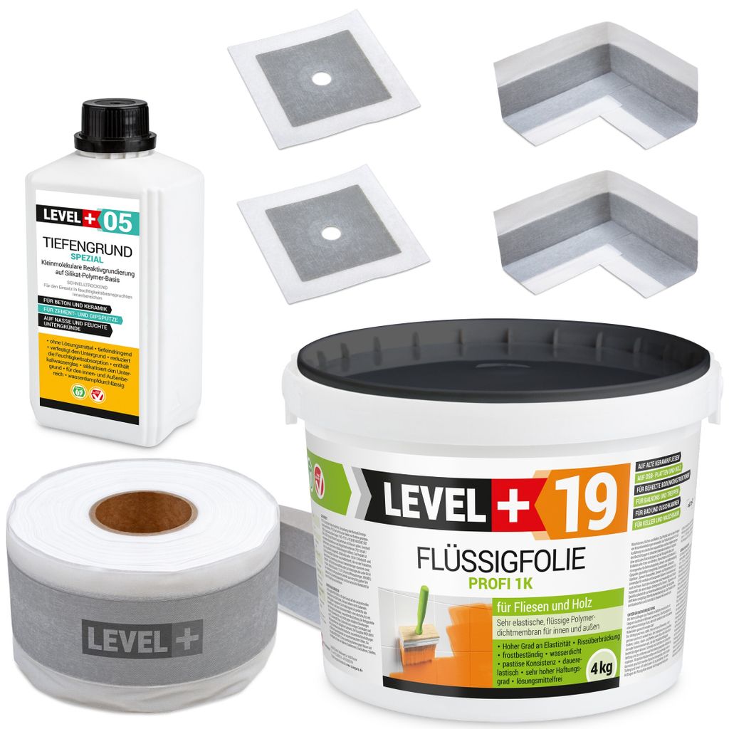 Dichtset Innen Außen Abdichtung-Set SET509 Flüssigfolie 4kg Auf Holz Fliesen OSB Wasserdicht Dichtband 120/70mm Ausdehnbar