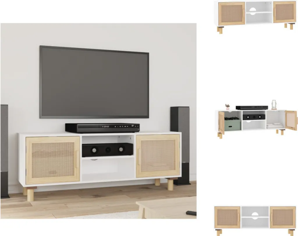 Meuble TV de Salon 105 cm - Rangement Multimédia Design Blanc et Bois