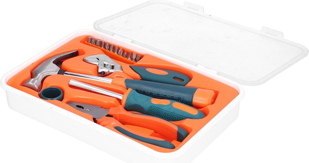 17-teiliges Werkzeugset aus Kohlenstoffstahl, bestehend aus Hammer, Schraubenschlüssel, Zange, Schraubendreherbit und Griff.