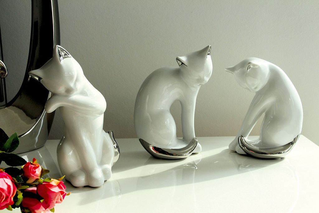 Gilde Figur, Katze, "Twisto", Keramik, weiß, L. 8 cm, B. 12 cm, H. 18 cm 43953 4009079439533 3 Stück (3-fach sortiert)