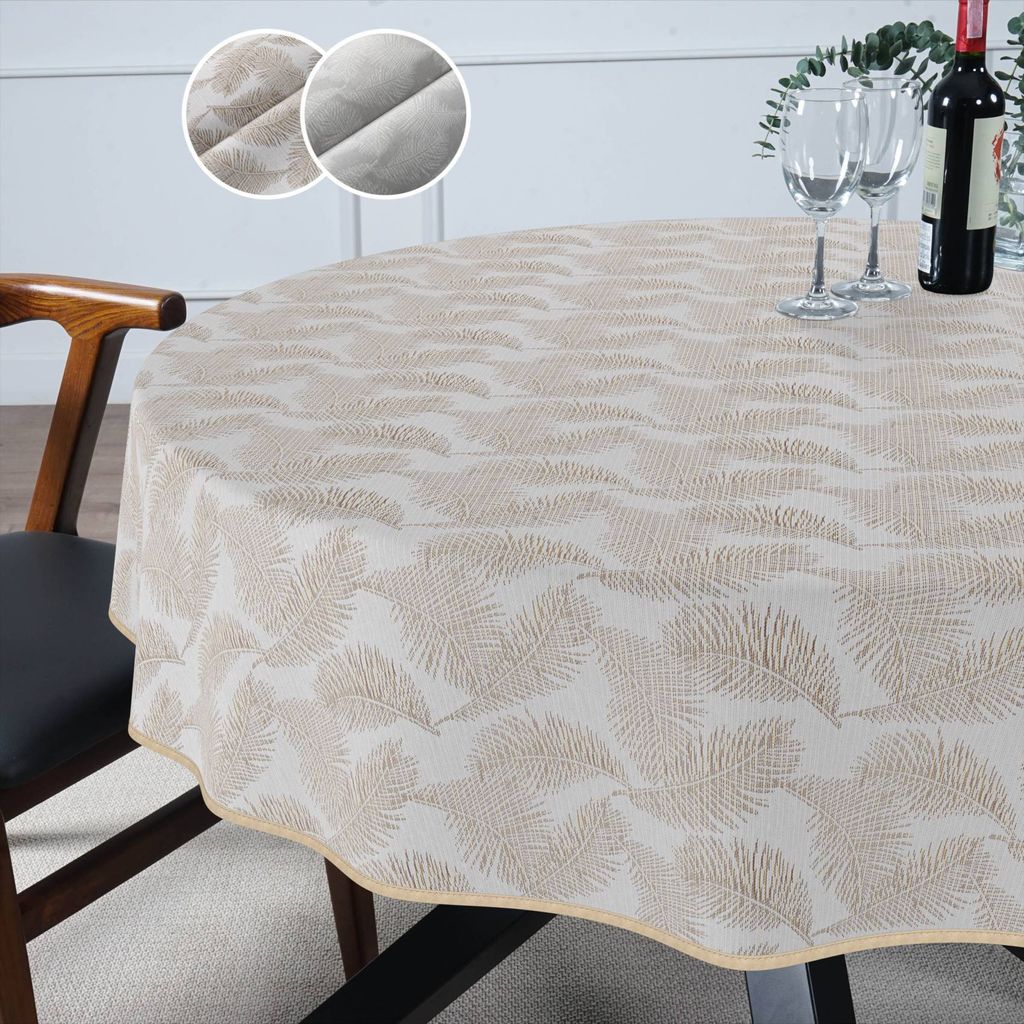 Tischdecke Feder - KATE aus feinem Stoff exklusiv Veredelung Tischtuch Edelmetall Tischwäsche gemustert Gold Rund 120cm mit Paspelband