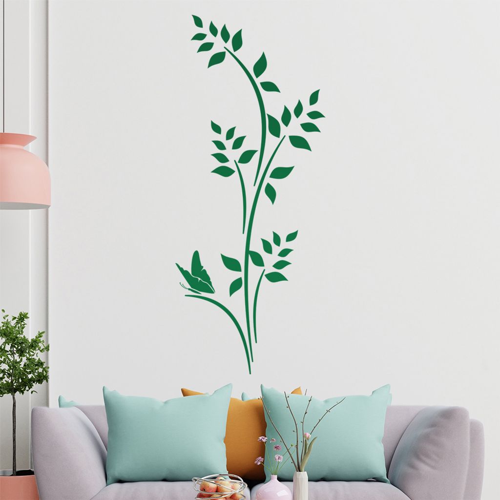 Schmetterling - Pflanze - Blätter Wandtattoo in 6 Größen - Wandaufkleber Wall Sticker - Dekoration, Küche, Wohnzimmer, Schlafzimmer, Badezimmer