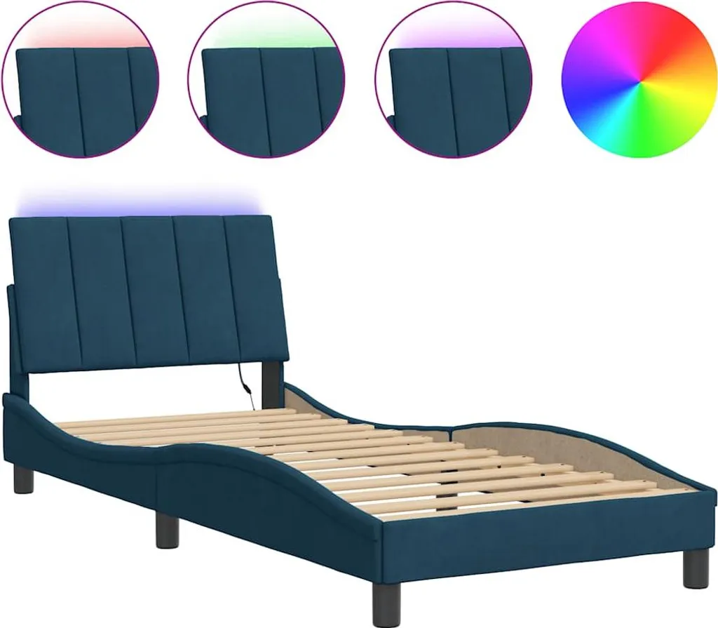 Cadre de lit LED Hanko 90x190 cm en velours bleu vidaXL sans matelas