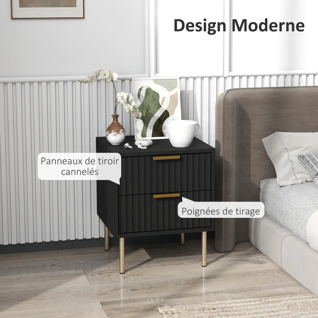 Table de nuit noire design cannelé, meuble de rangement 2 tiroirs chic