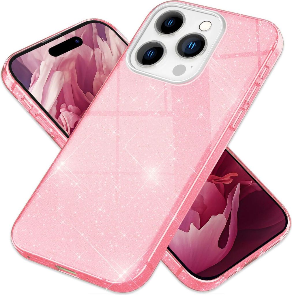 Glitzer Hülle für iPhone 15 Pro Max Hybrid Bling Case Silikon Handyhülle Tasche Pink