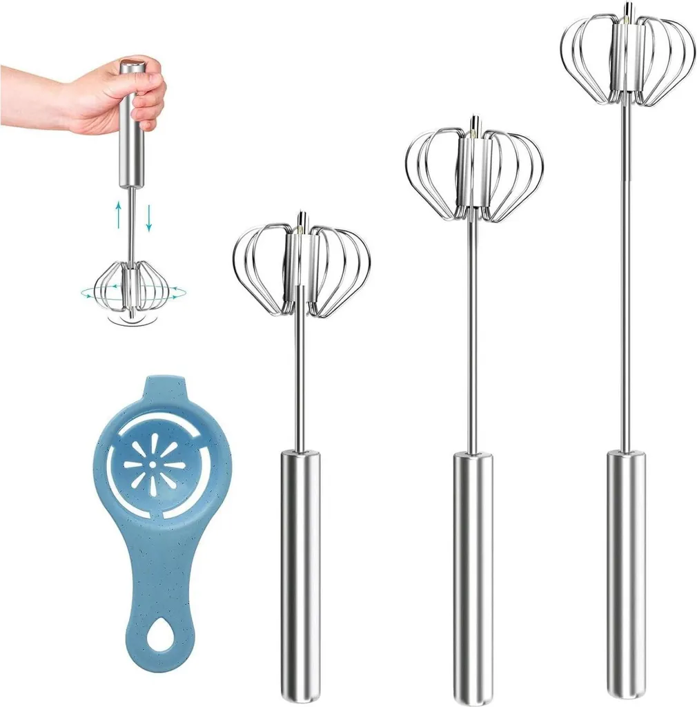 Set de cuisine pour pâtisserie : 4 fouets inox et séparateur d'œufs