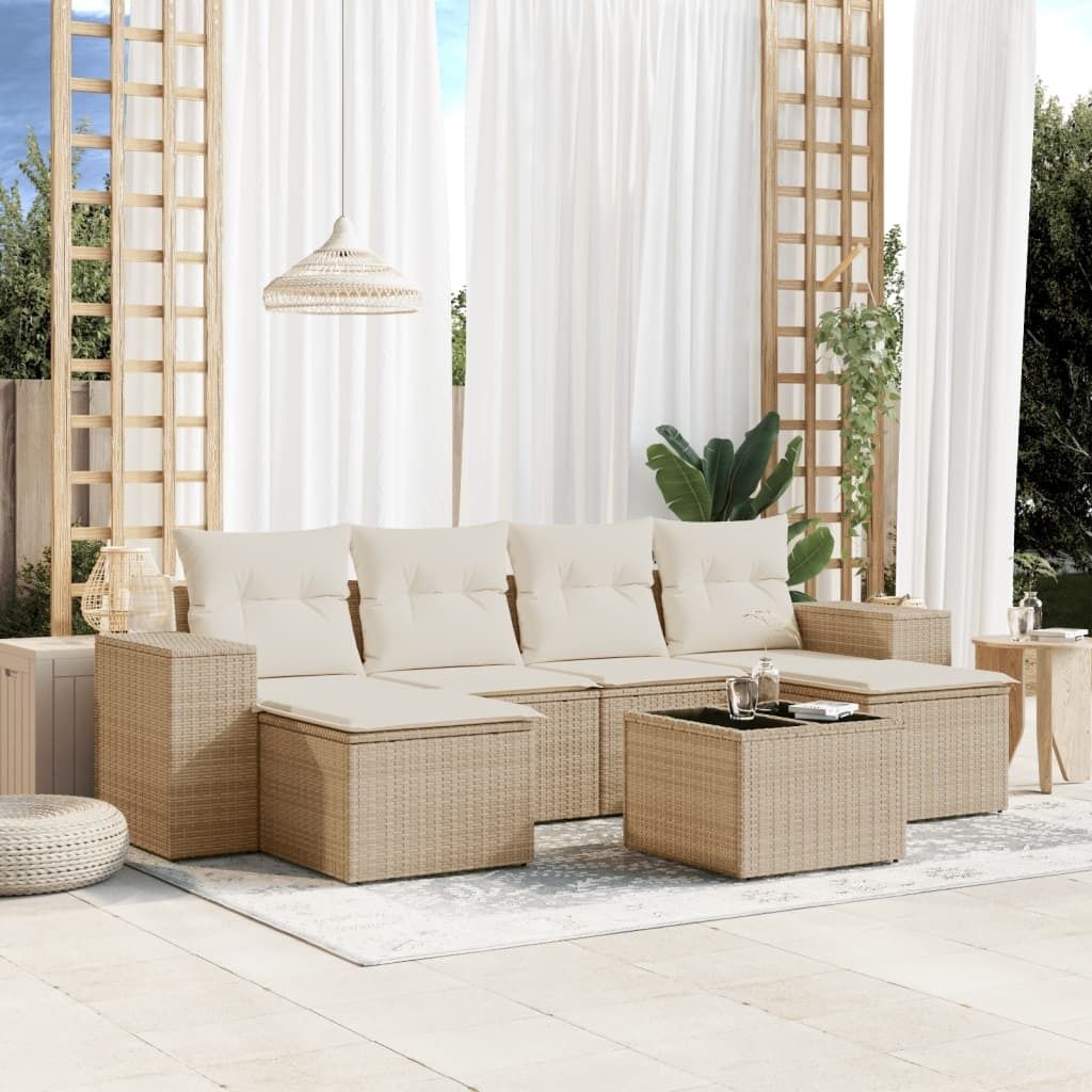 Design 7-tlg. Garten-Sofagarnitur mit Kissen Beige Poly Rattan, Gartenmöbel-Sets 2024 Neu