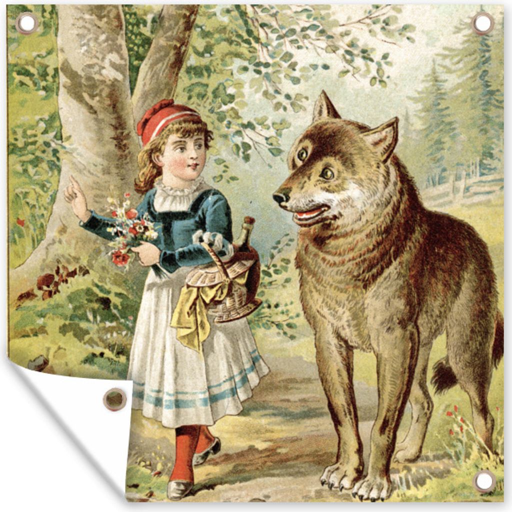 MuchoWow 100x100 cm Outdoor-Poster Gartendeko Sichtschutz Garten Poster für den Garten Wolf - Rotkäppchen - Wald