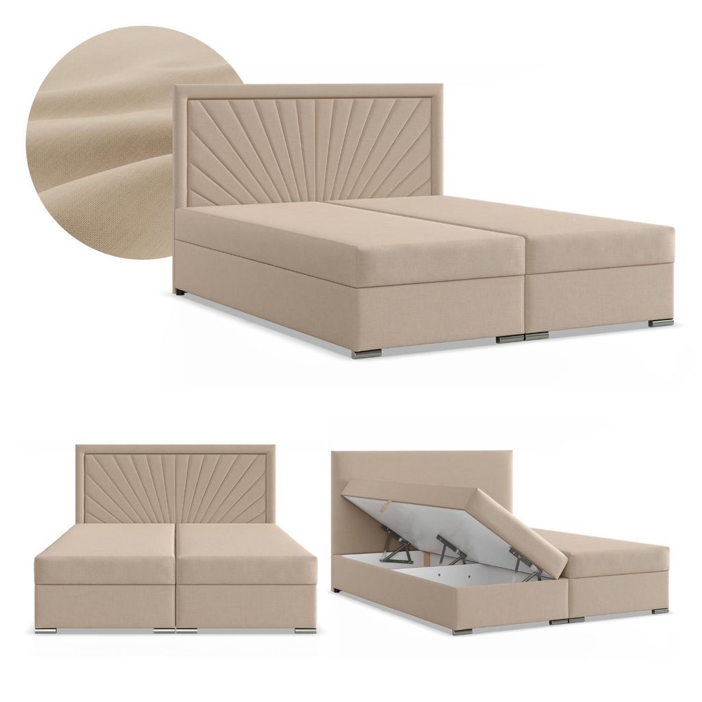 Boxspringbett 140x200 mit 2 Bettkästen, Kontinentales Bett mit Bonell Matratze, Doppelbett mit Kopfteil, Geflecht, Beige, VICENZA 140 x 200