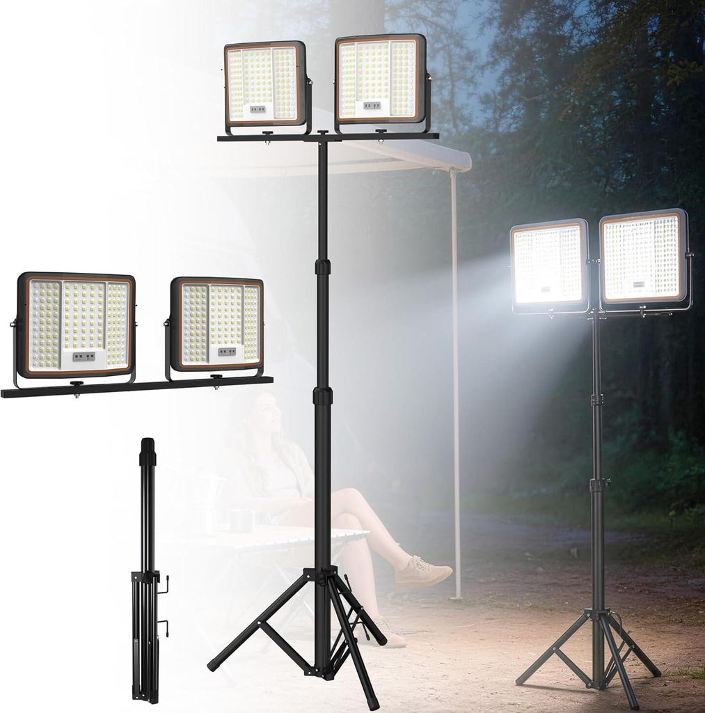 YUENFONG LED Baustrahler 2x100W Doppel Arbeitsstrahler mit einstellbarem Stativ, 8000 Lumen Arbeitsleuchte, 360° drehbar, Kaltweiß/Rote und blaue...