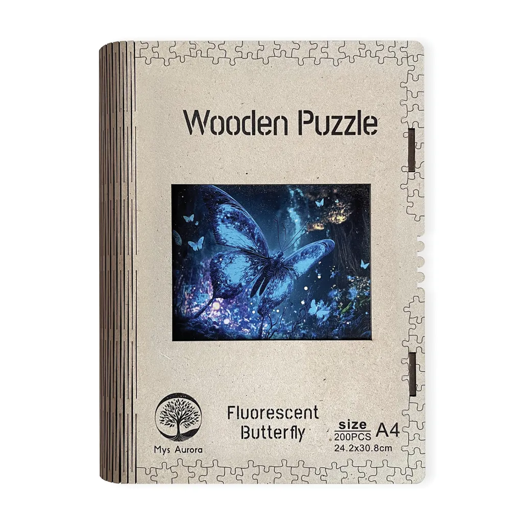 Puzzle 3D Papillon en bois format A4 avec effets phosphorescents