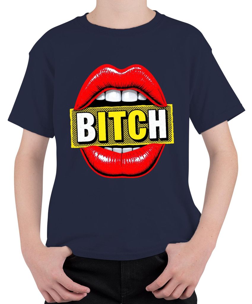BITCH Spruch Lippen rot Pop Art frech Geschenk Freundin Party Uni Kinder T-Shirt, Navy, 116