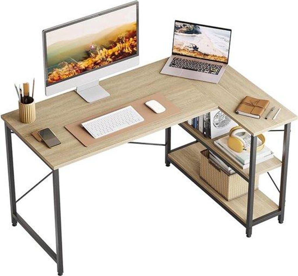 Klein, licht, omkeerbaar L-vormig Computerbureau in Eichenholz - 140 cm - In hoogte verstelbar - Mit X-Bein - Für den Heim-Office - Mit Aufbewahru...