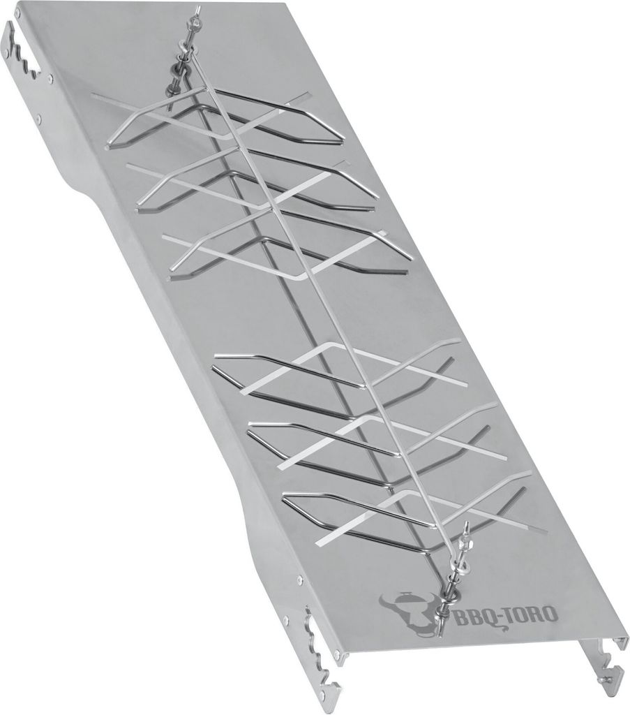 A stainless steel grilling accessory for fish.
