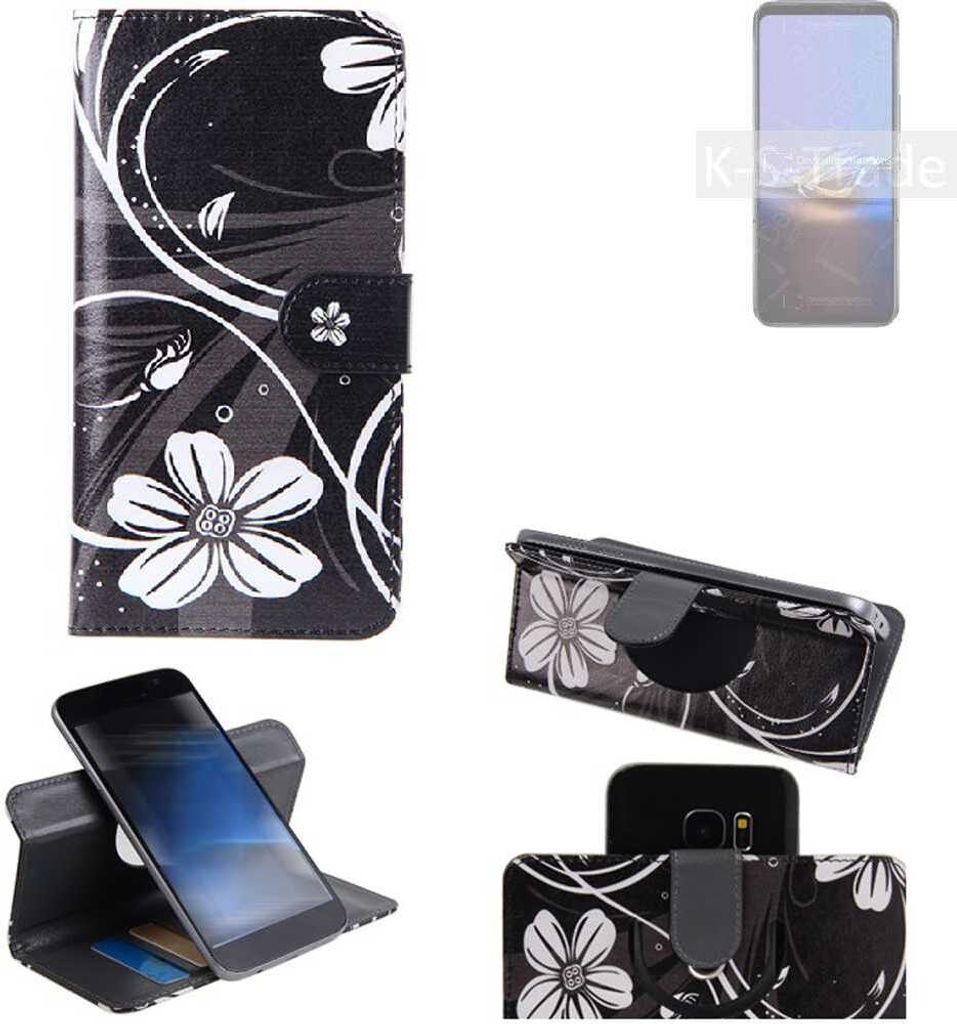 K-S-Trade Schutzhülle Handyhülle kompatibel mit Asus ROG Phone 6D Ultimate Hülle 360° Wallet Case ''Flowers'' Klapphülle Hülle schwarz-weiß 1x