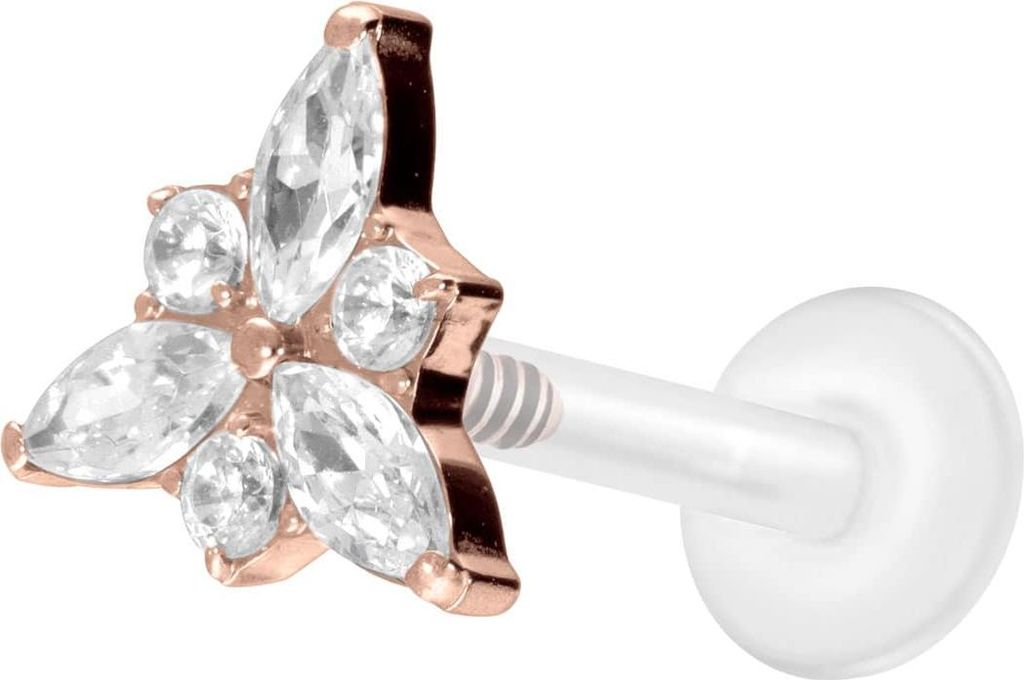 Ohrpiercing, Nasenpiercing PTFE Labret mit Innengewinde + Titan-Aufsatz KRISTALLBLÜTE RoséGold Stablänge: 10mm | Stabstärke: 1,2mm