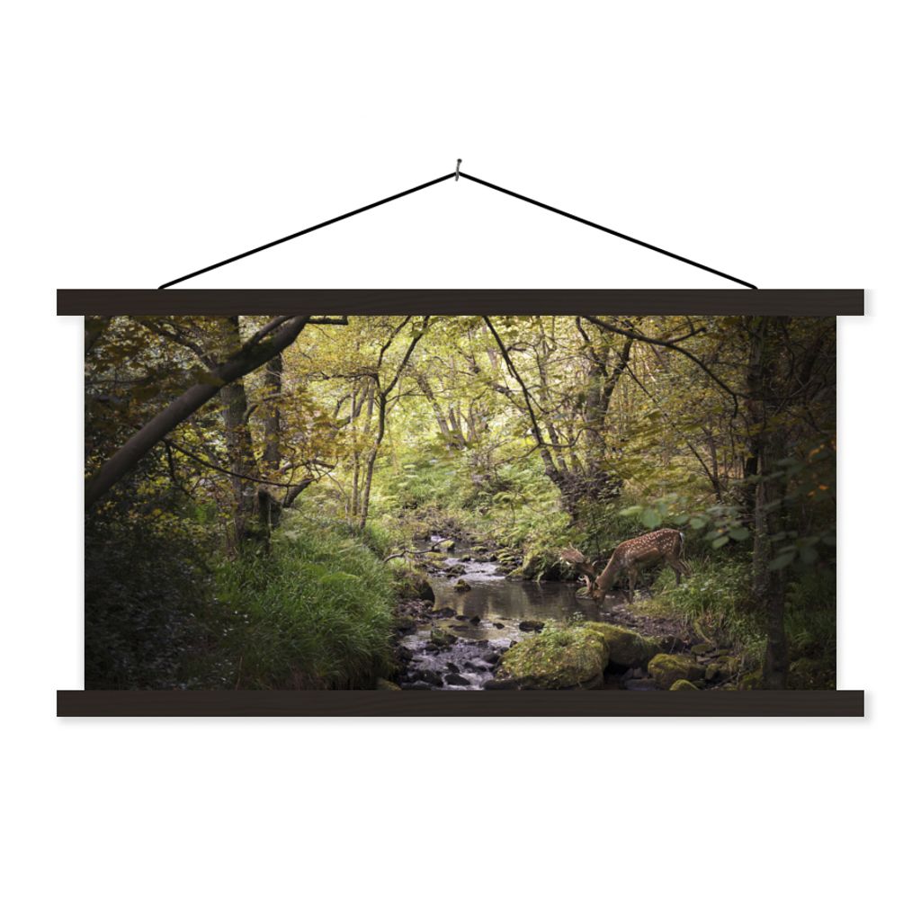 MuchoWow Textilposter Hirsch - Baum - Wald 150x75 cm mit schwarzem Rahmen - Posterleiste