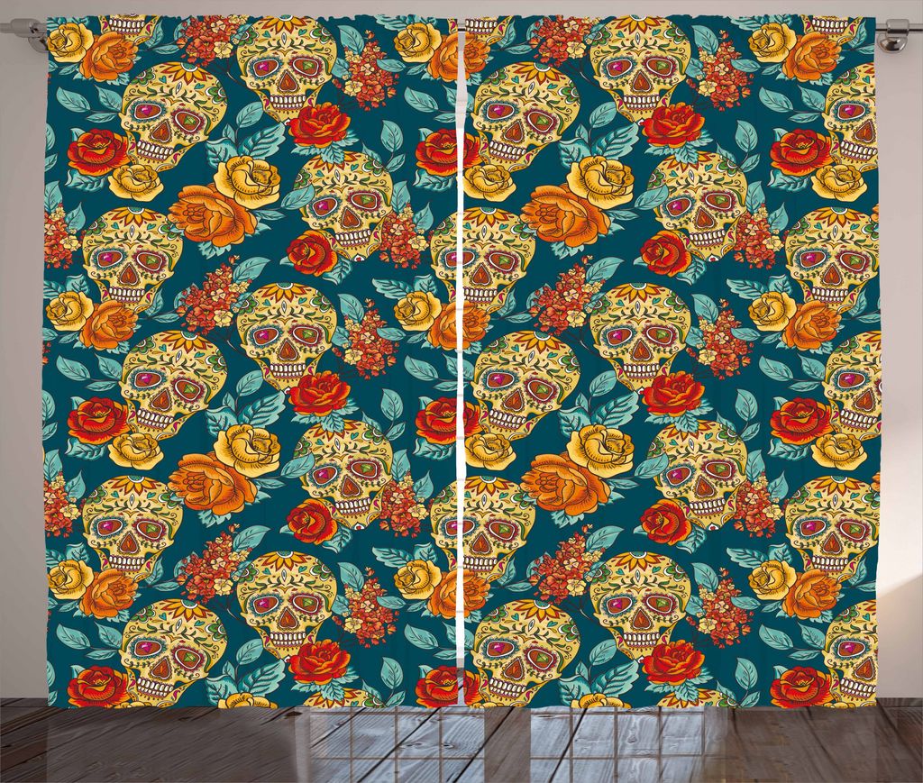 ABAKUHAUS Zuckerschädel Rustikaler Gardine, Diamant Augen Rosen, Schlafzimmer Kräuselband Vorhang mit Schlaufen und Haken, 280 x 225 cm, Mehrfarbig