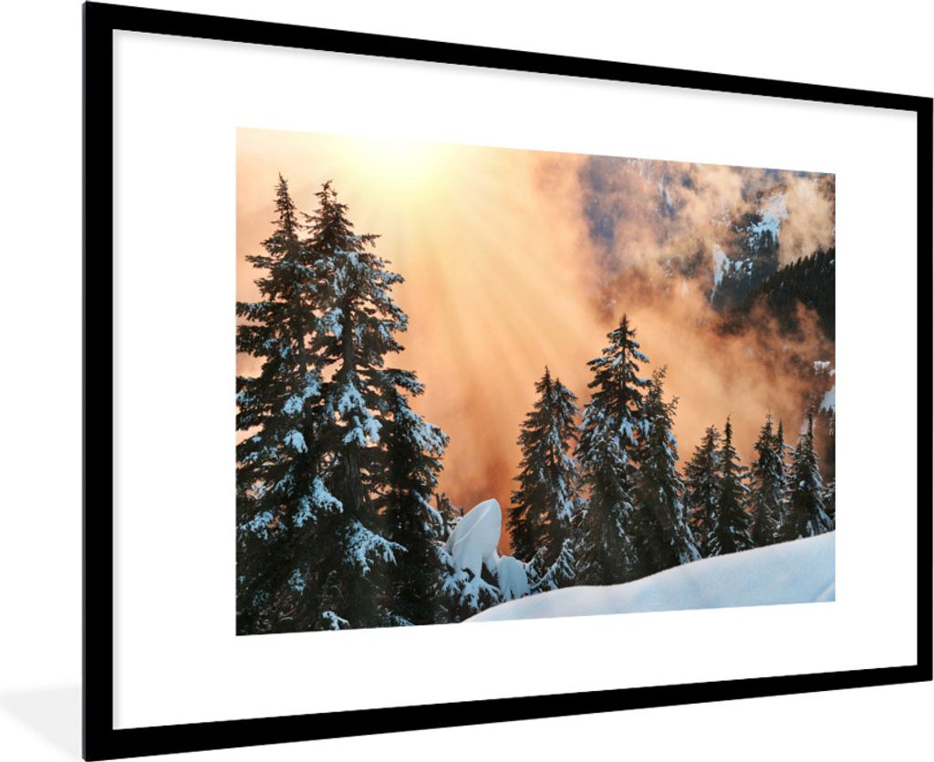 MuchoWow Gerahmtes Poster Sonnenuntergang bei den Weihnachtsbäumen am Grouse Mountain in Kanada 90x60 cm - Poster mit Schwarzem Bilderrahmen Wan...